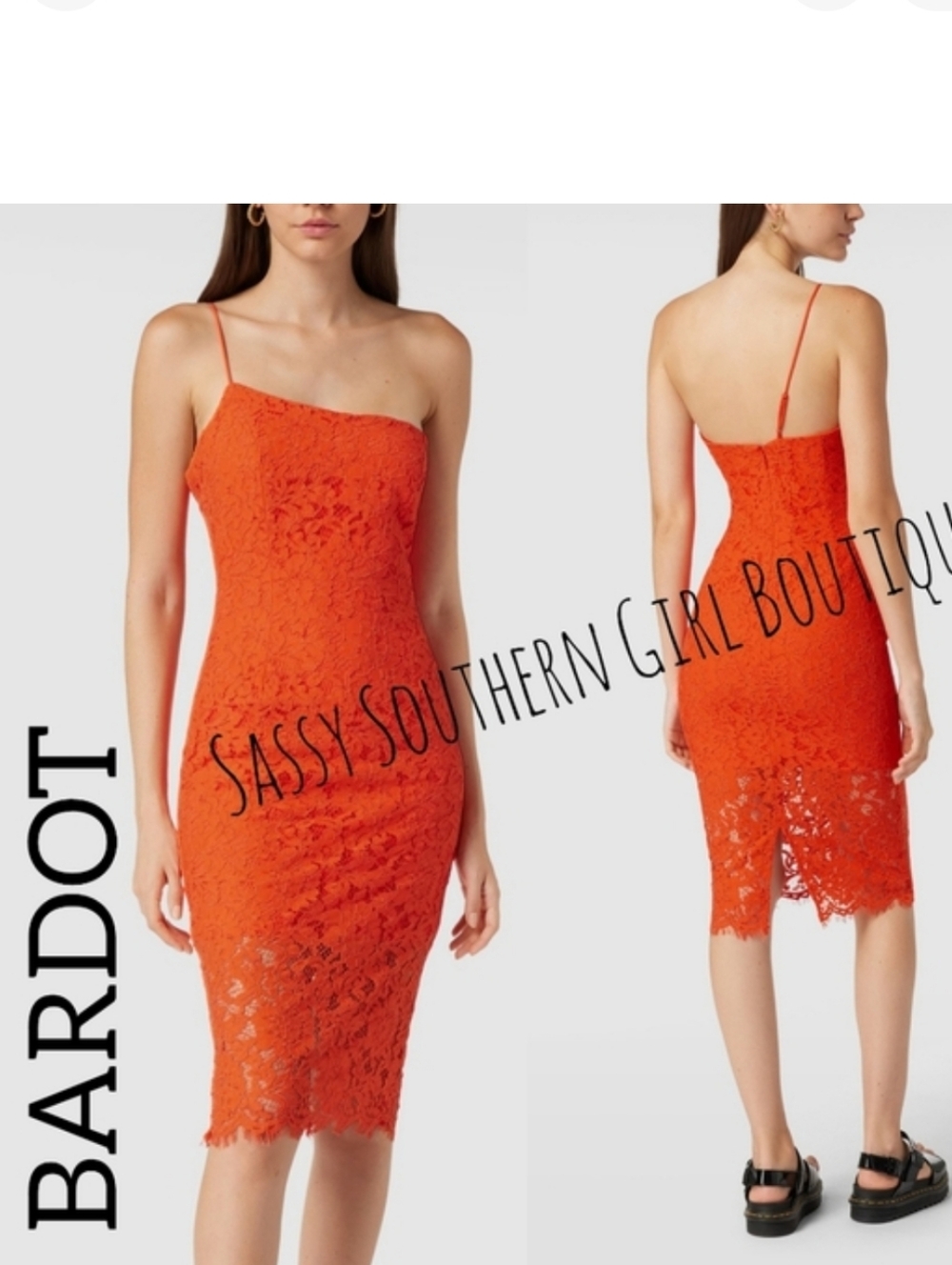 🆕⭐ Bardot Orange Lace Midi Dress